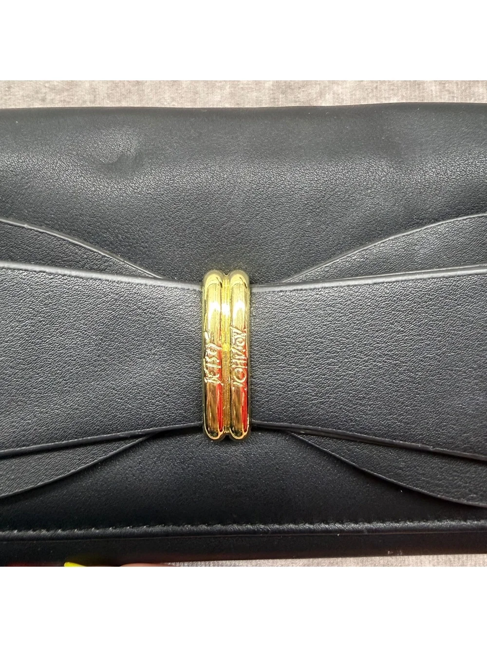Betsey Johnson Black Faux Leather Front Bow Clutch Gold Chain Crossbody Bag